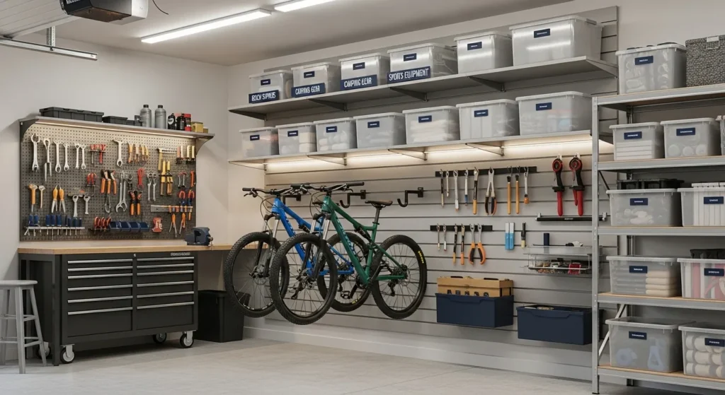 Well-organized garage with labeled bins for summer outdoor equipment and sports gear