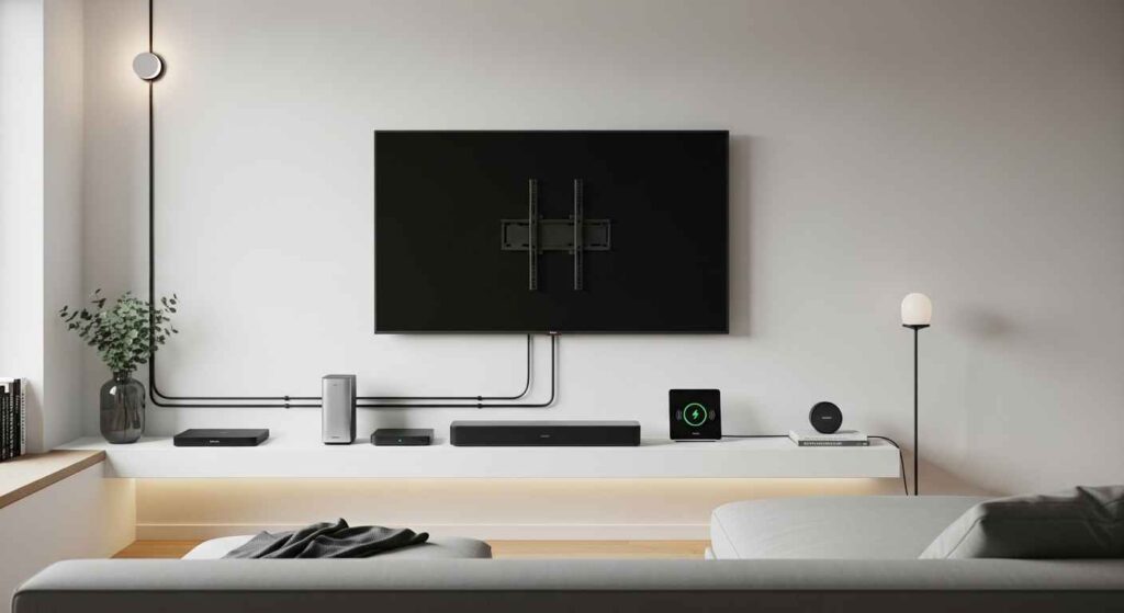 Clean technology setup with organized cord management in studio