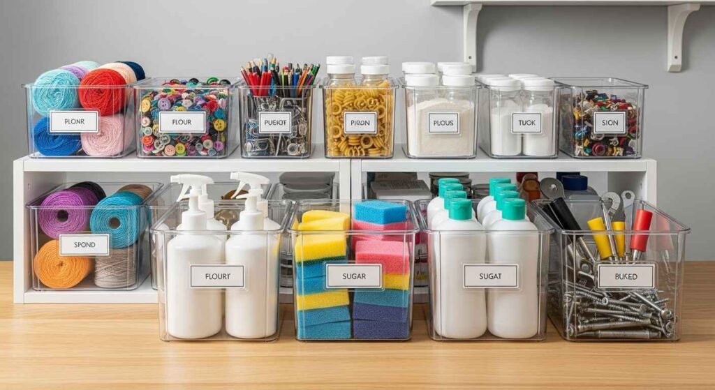 Clear storage containers with labels holding decluttered household items