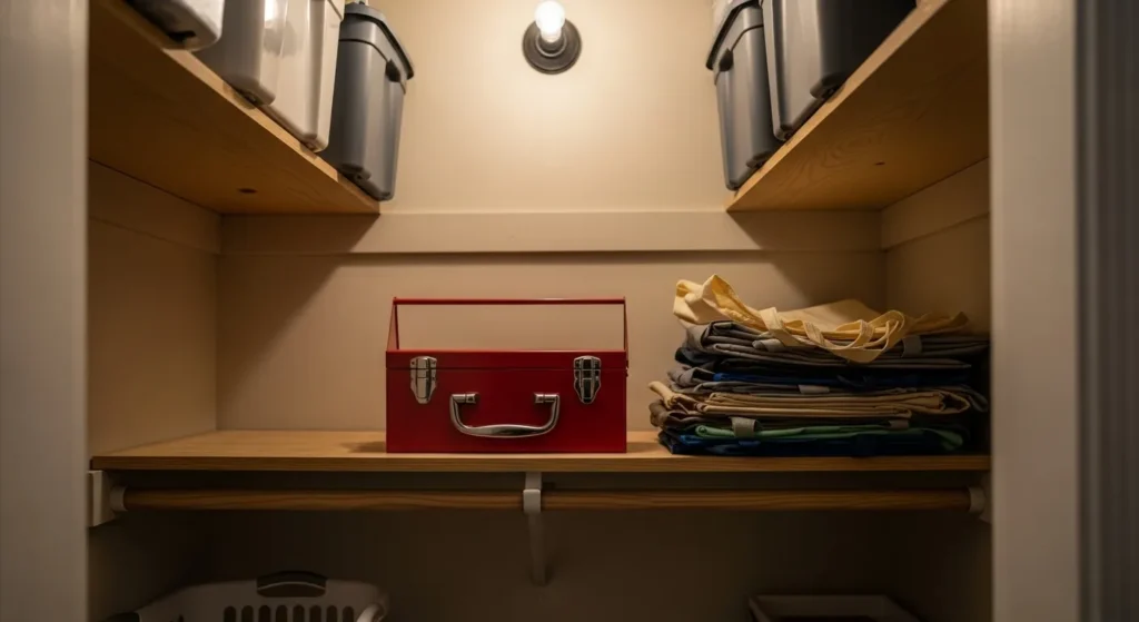 Compact toolbox stored in apartment closet shelf.