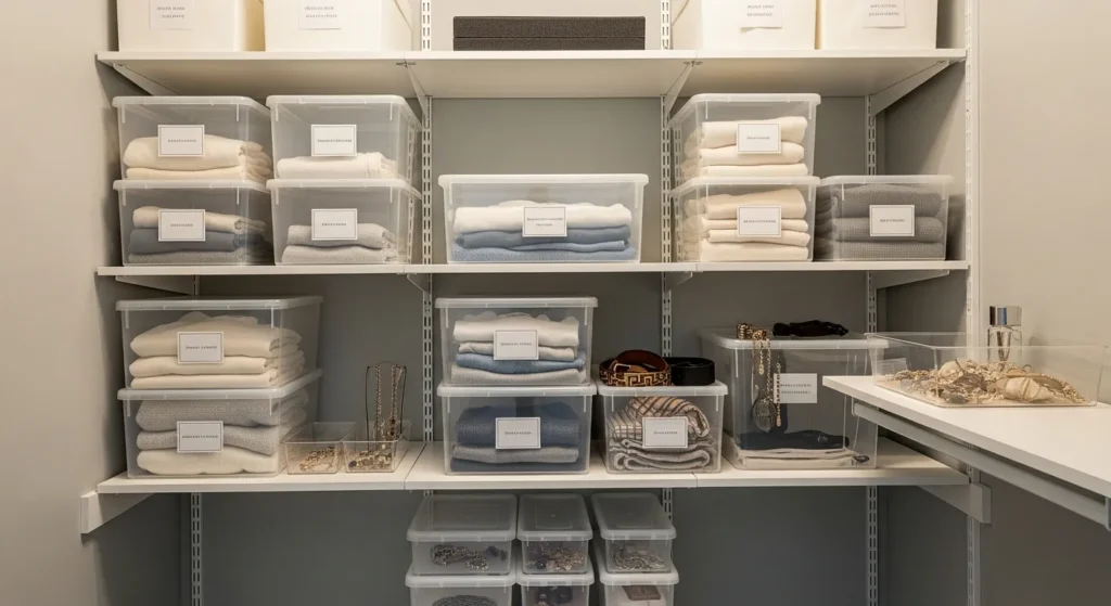 Clear storage bins organized in a small closet.