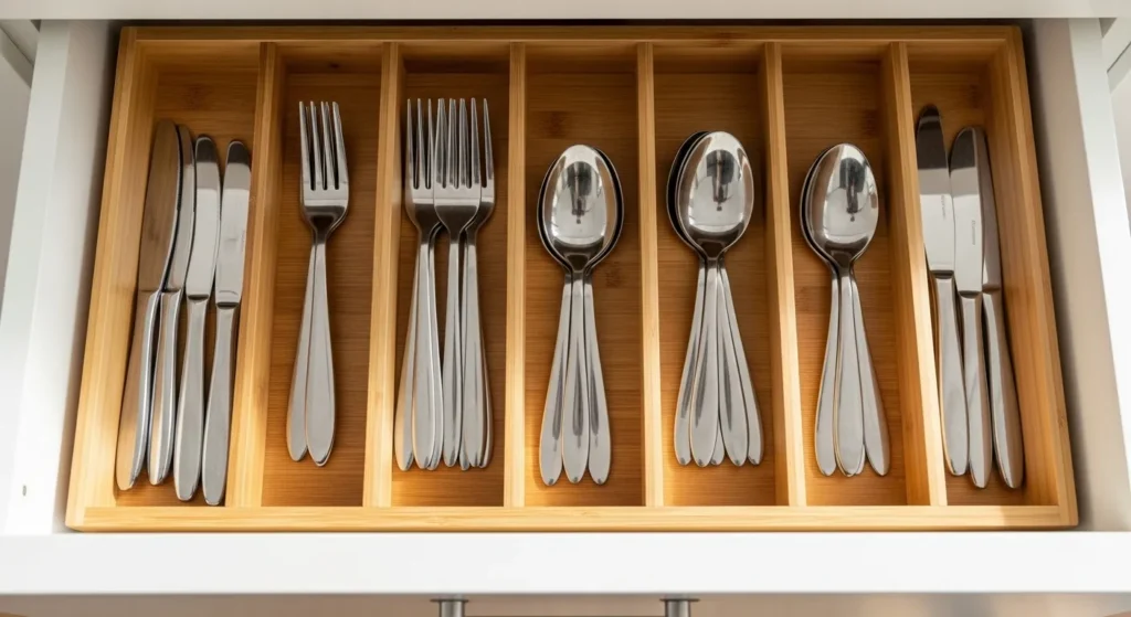 Bamboo kitchen drawer organizer with utensils neatly arranged.