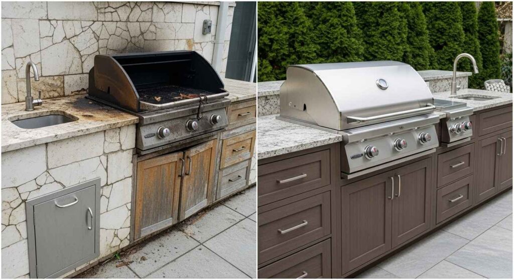 Comparison showing damaged versus well-maintained outdoor kitchen materials
