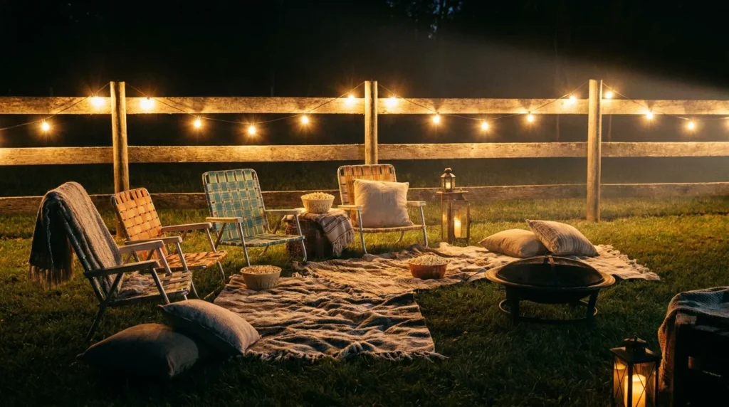 Backyard movie night seating with lawn chairs, blankets, and string lights at night
