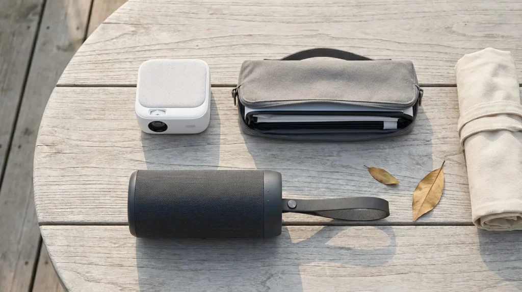 Compact mini projector, collapsible screen, and Bluetooth speaker flat lay for DIY outdoor movie night