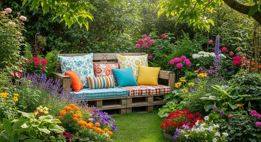 Rustic pallet wood bench with colorful cushions placed in a lush garden environment