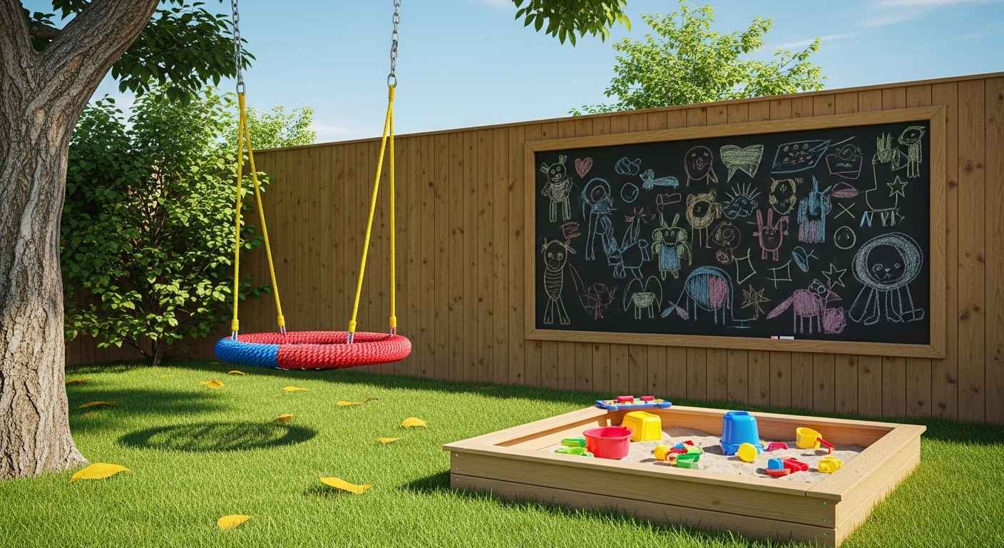 Colorful outdoor play area with swing and sandbox for kids.