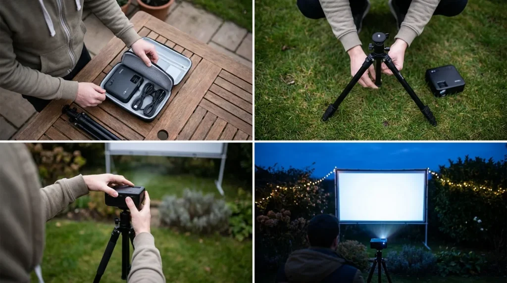 Person setting up a mini projector on a tripod in a backyard for an outdoor movie night