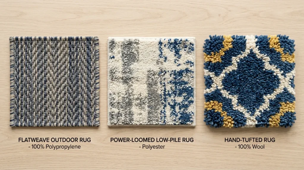 Three outdoor rug construction types side by side — flatweave, power-loomed, and hand-tufted texture comparison