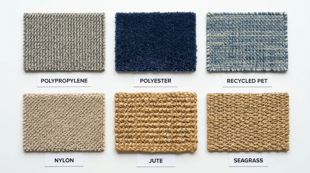 Six outdoor rug material swatches laid out side by side including polypropylene, polyester, jute, and seagrass