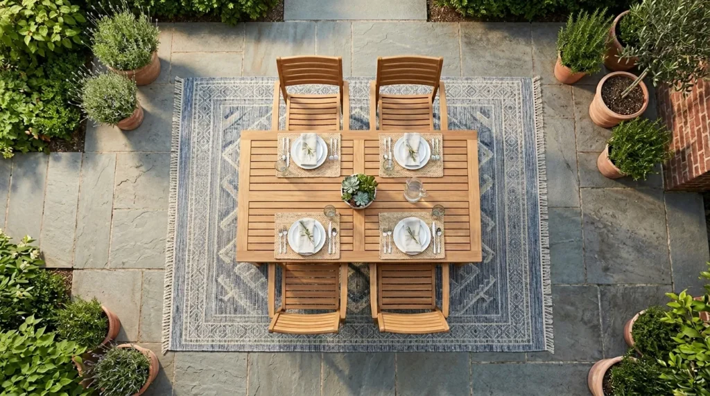 Top-down view of a dining patio table on an 8x10 outdoor rug with chairs pulled out and still on the rug