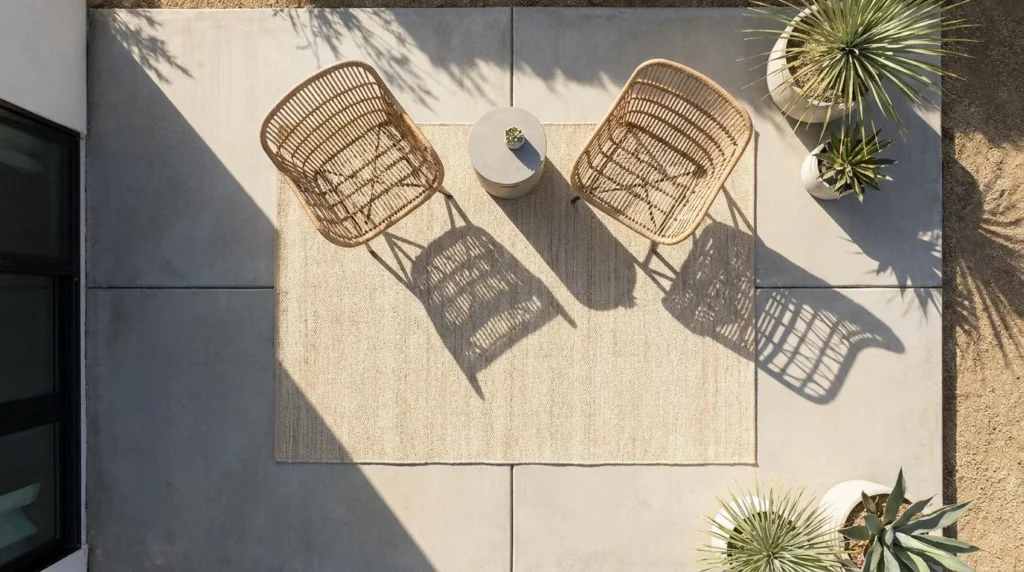 Light beige outdoor rug under two rattan chairs on a small concrete patio defining the seating zone.