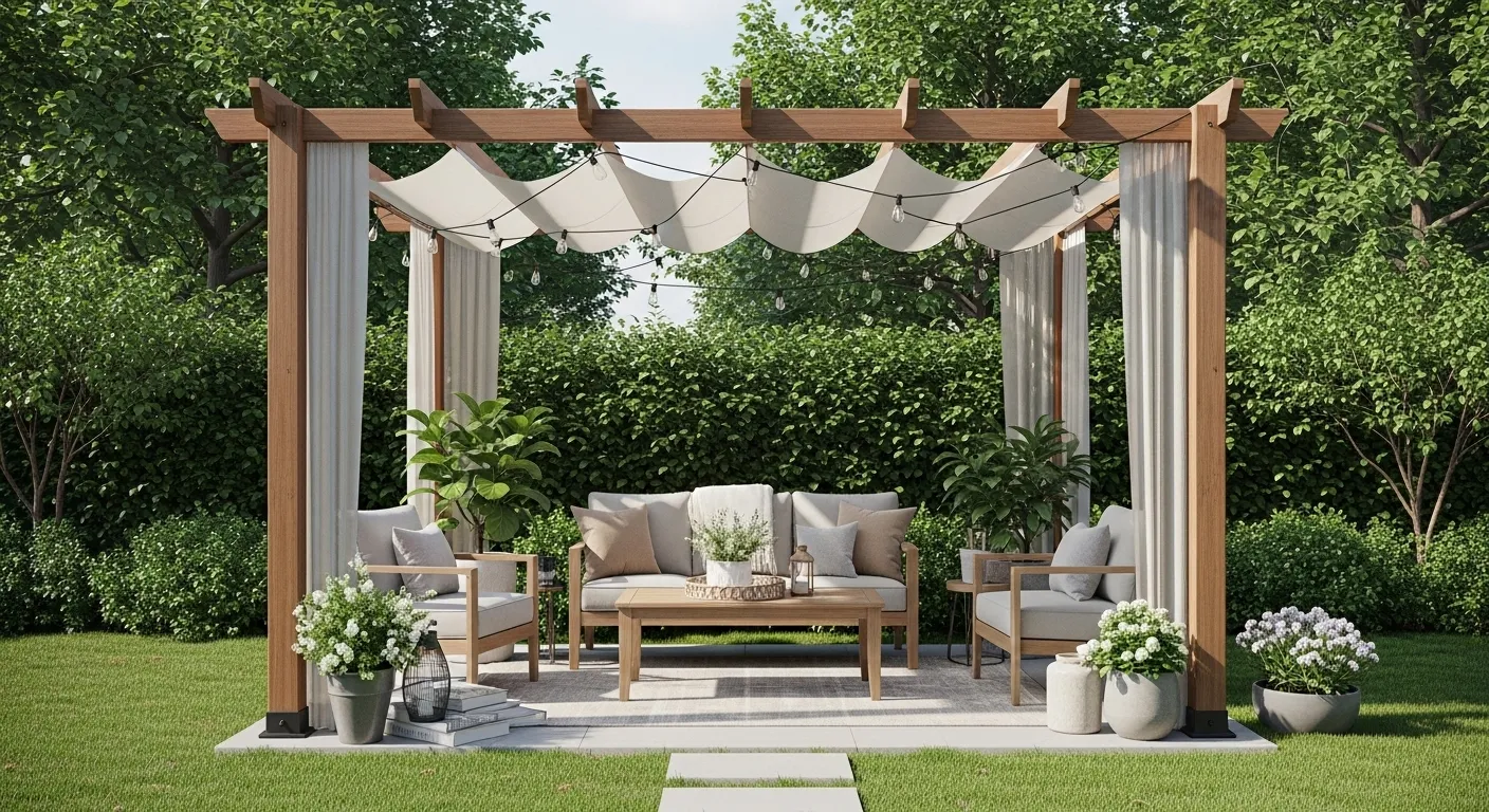 Stylish pergola covering outdoor seating in a backyard.