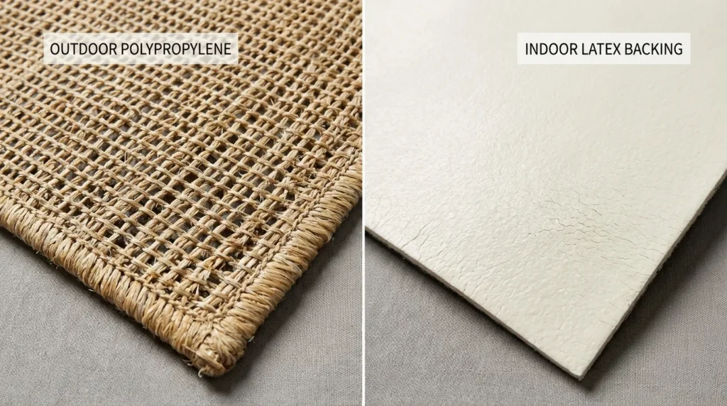 Close-up comparison of outdoor rug open-weave backing vs indoor rug latex backing