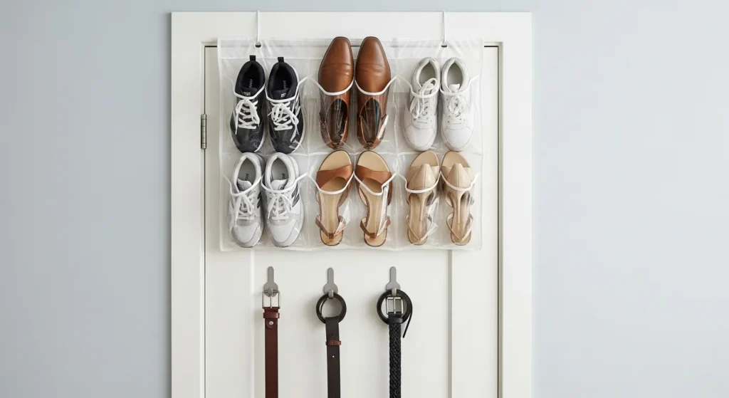 Clear shoe pockets hanging on closet door