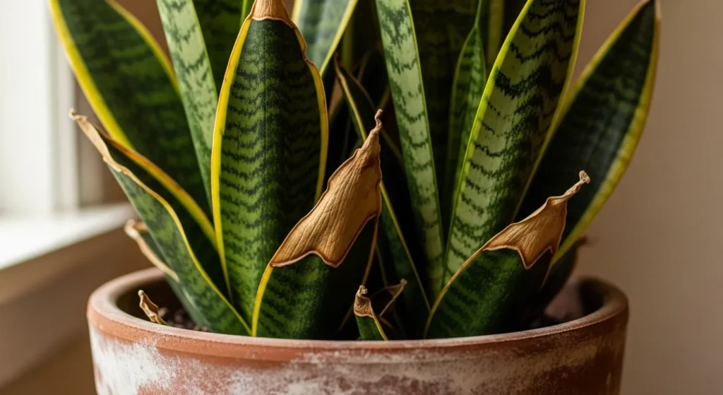 Houseplant leaves with brown edges indicating nutrient burn.