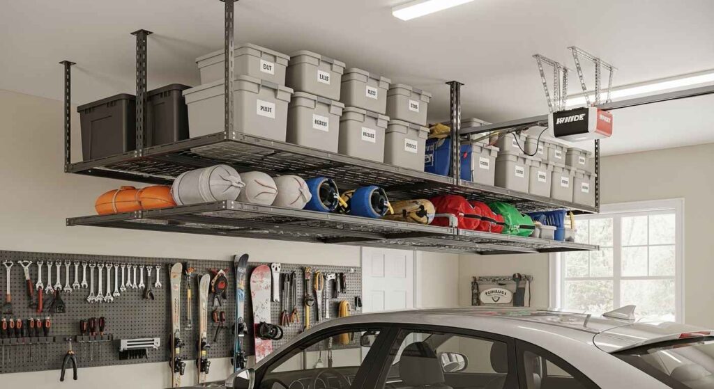 Overhead ceiling storage rack holding bins above parked car