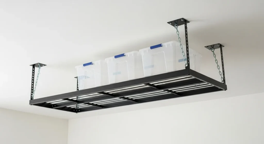 Overhead garage storage rack with boxes.