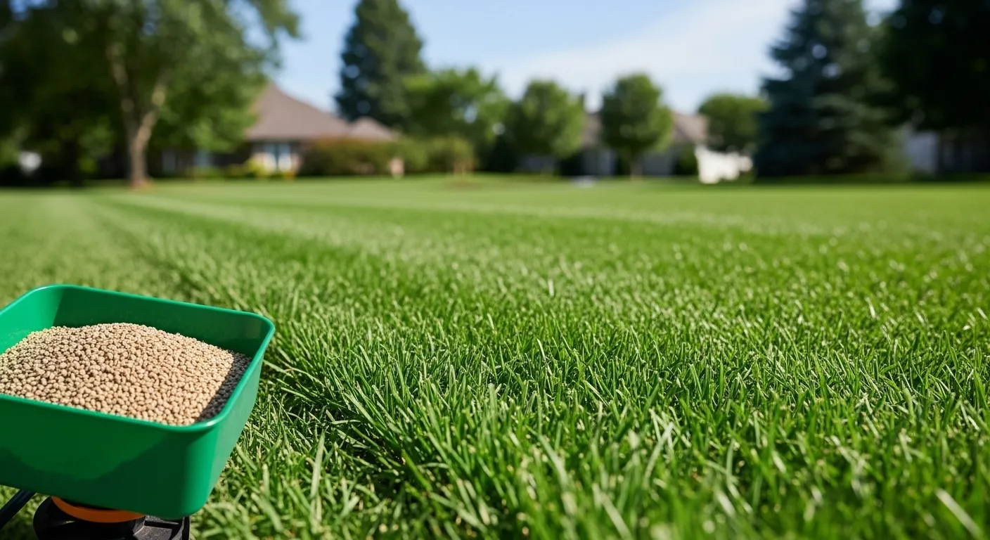 Vibrant lawn with grass seed spreader in foreground