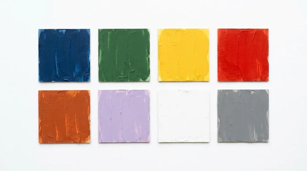 Paint color swatches showing blue green yellow red orange lavender white and gray for color psychology home guide