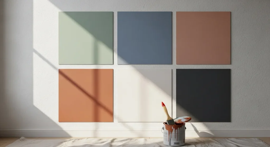 Paint swatches on wall being tested in natural light