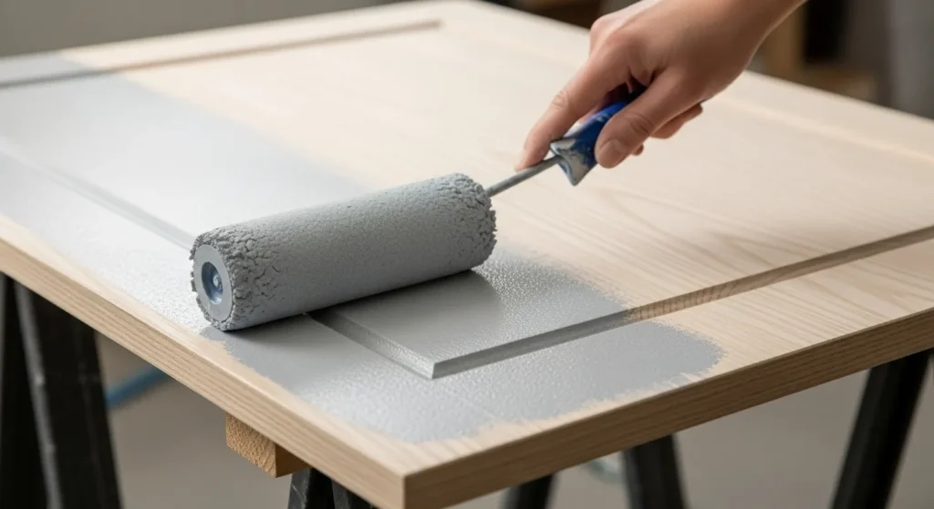 Rolling paint on kitchen cabinet doors.