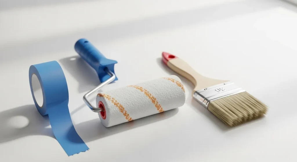 Paint rollers, brushes, and painter’s tape arranged on a clean surface.