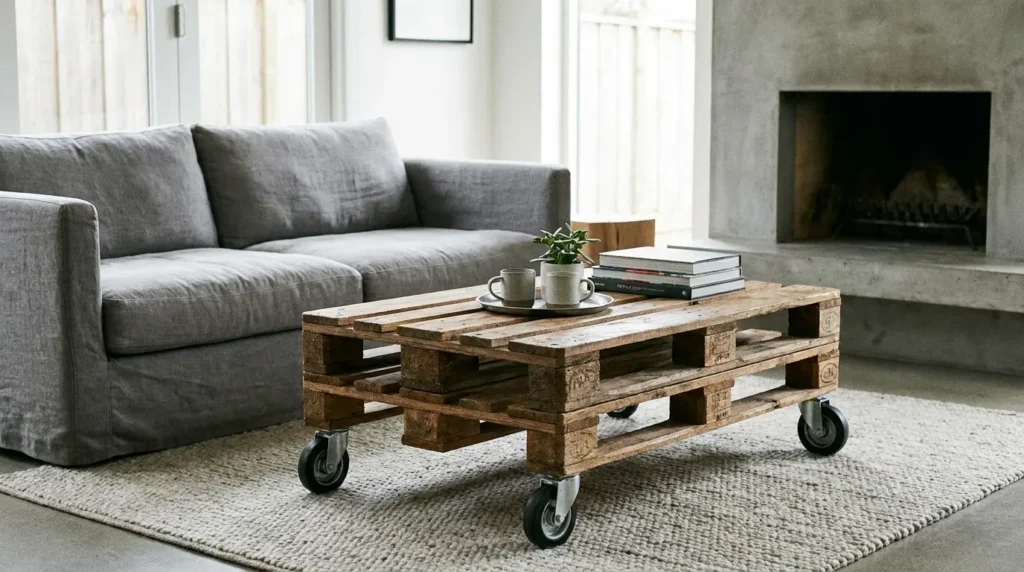 DIY pallet coffee table on wheels in a modern living room setting