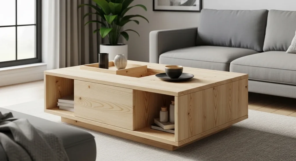 Wooden pallet coffee table with open storage shelves underneath in a modern living room