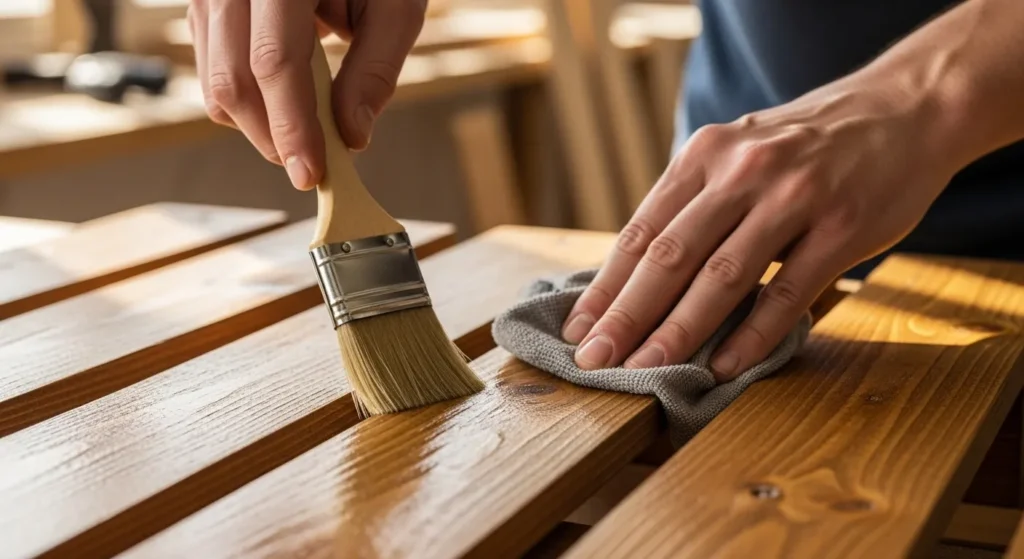 Close-up of hands applying wood stain to pallet furniture with brush and cloth