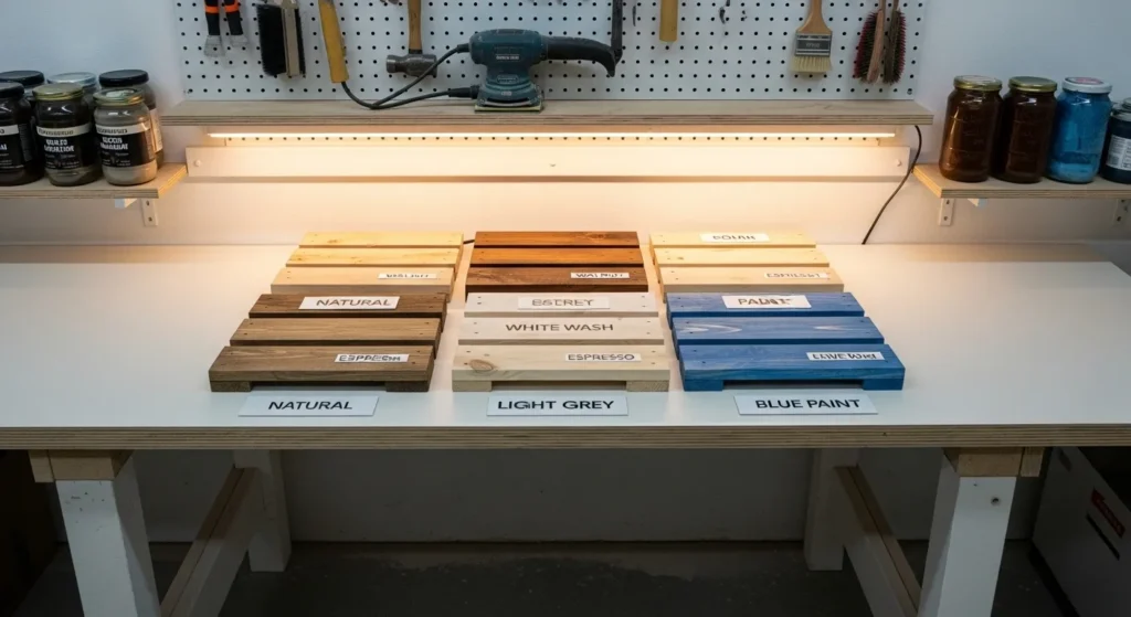 Side-by-side comparison of pallet wood samples showing natural, stained, and painted finishes