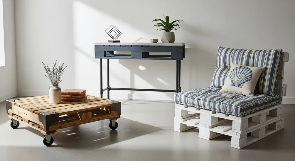 Side by side comparison showing rustic, modern, and coastal styled pallet furniture pieces
