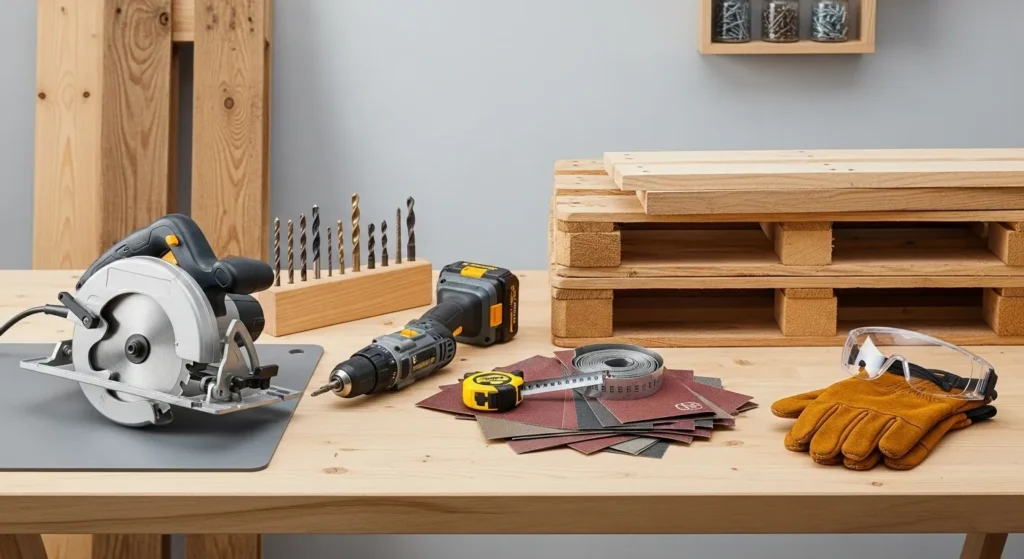 Organized workspace showing saw, drill, sandpaper, screws, and safety equipment for pallet DIY projects
