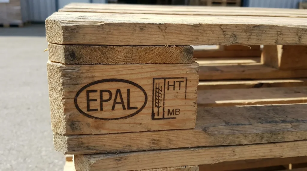 Close-up of wooden pallet stamps showing HT heat-treated and MB methyl bromide markings