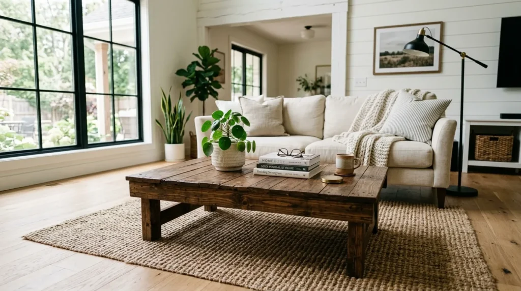 Finished DIY pallet wood coffee table stained dark walnut in a living room