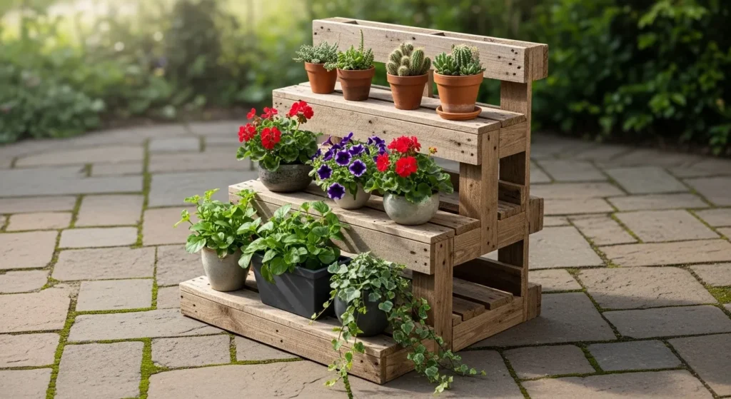 Completed pallet wood plant stand with three tiers holding various potted plants on patio