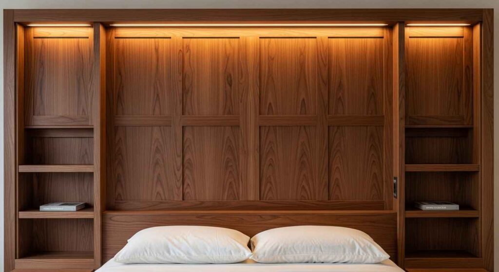 Wooden panel door headboard mounted on wall with small shelves and soft lighting