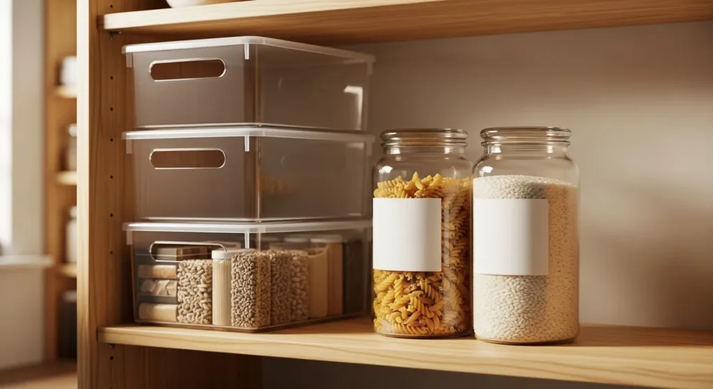 Organized pantry with clear storage tools.