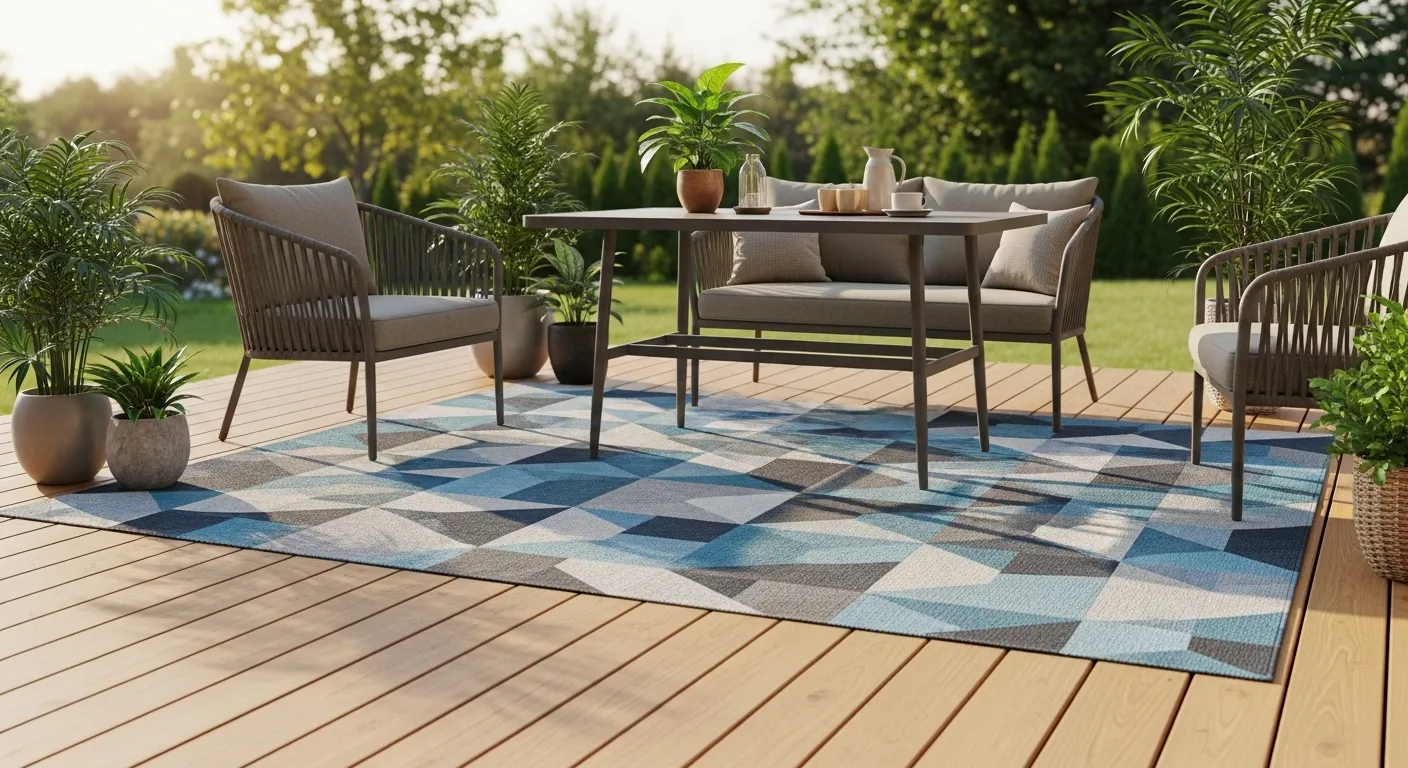 Outdoor rug on patio deck with furniture and plants.