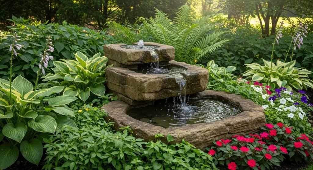 Small stone fountain with water flowing in backyard garden setting