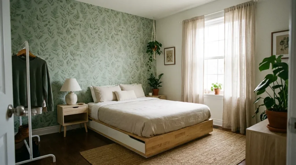 Small apartment bedroom with a peel-and-stick botanical wallpaper accent wall and Scandinavian furniture
