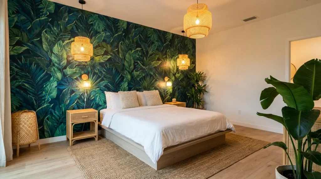 Peel-and-stick botanical wallpaper on bedroom accent wall in a rental apartment