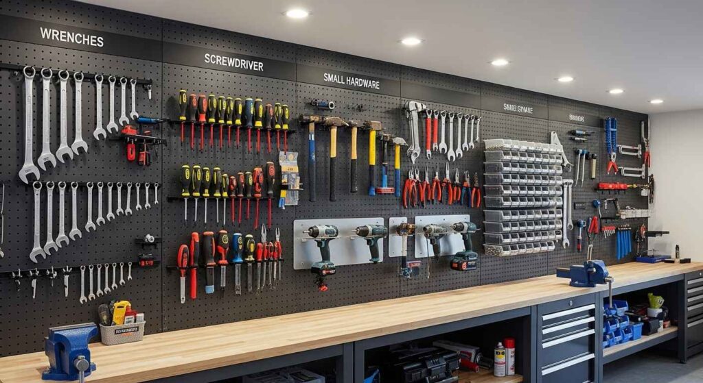 Metal pegboard wall system with organized tools