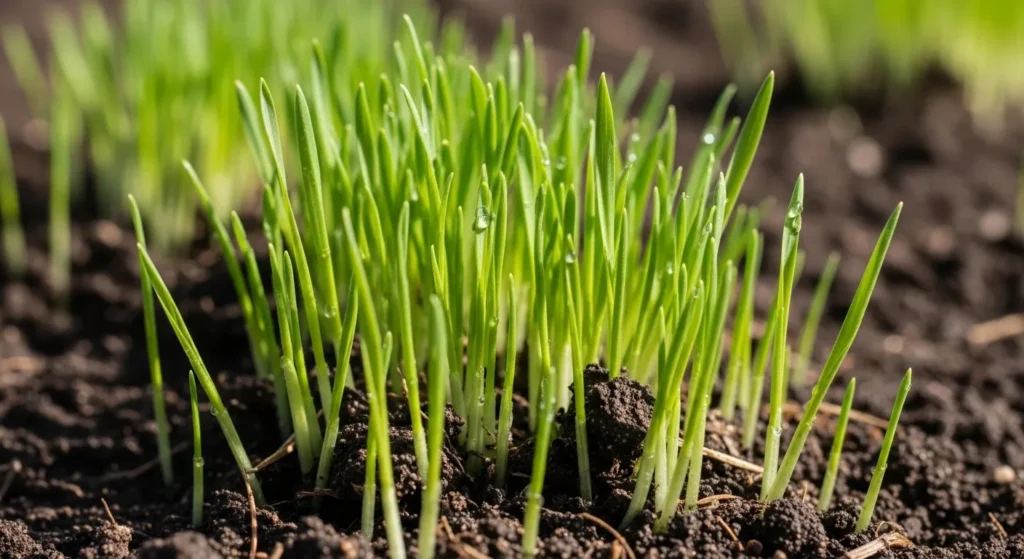 Young perennial ryegrass sprouts in a field.