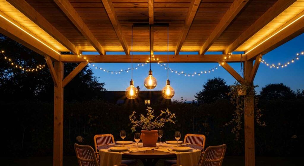 Pergola with integrated LED lighting and string lights in evening setting