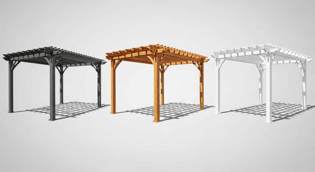 Three pergolas showing different materials - aluminum, wood, and vinyl options