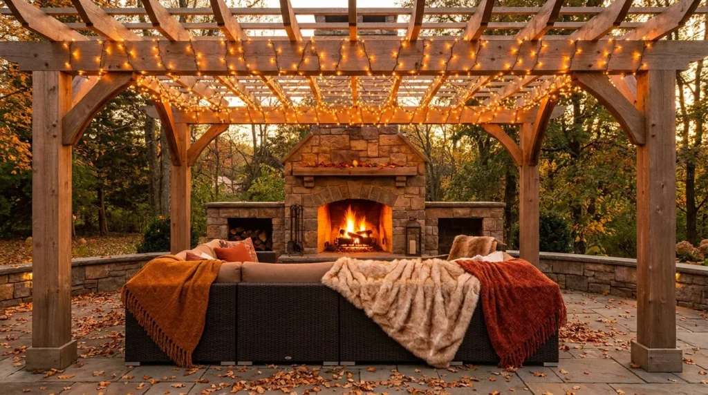 Outdoor pergola with built-in stone fireplace, sectional sofa, and string lights overhead in autumn evening