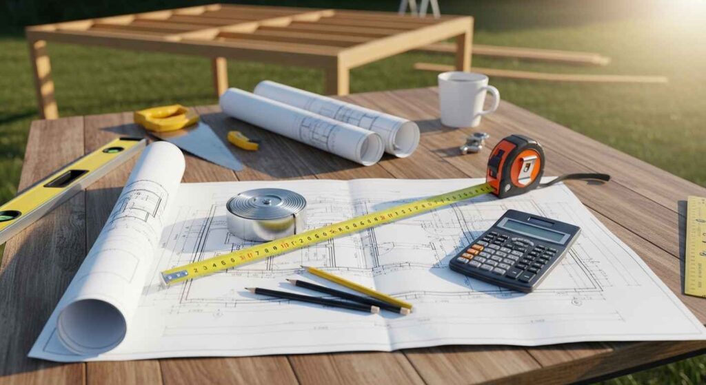 Pergola project planning with blueprints and measuring tools
