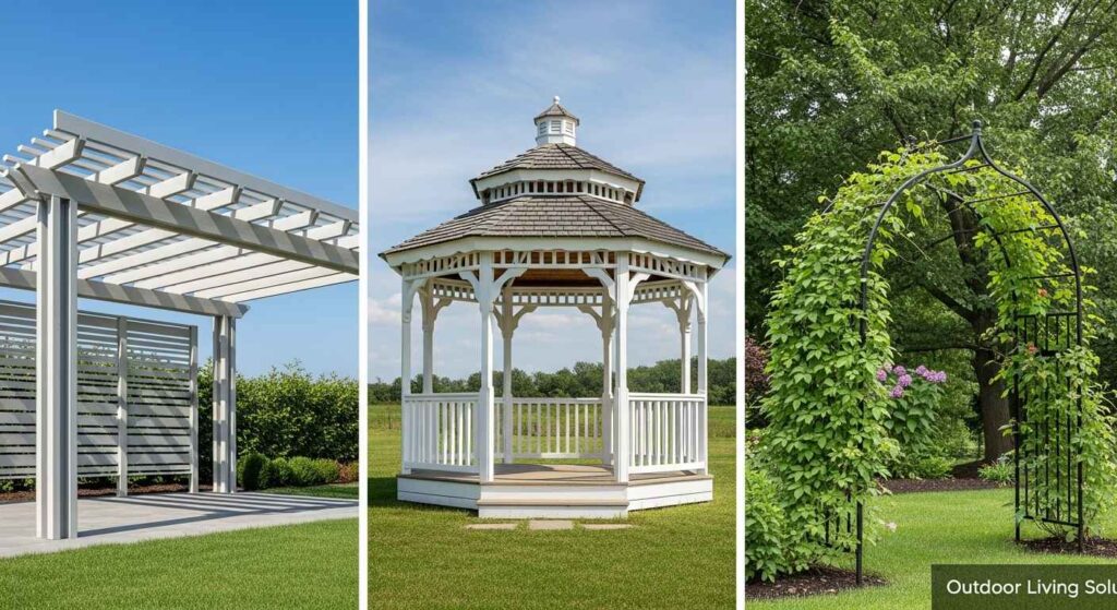 Comparison of pergola, gazebo, and arbor outdoor structures in backyard setting