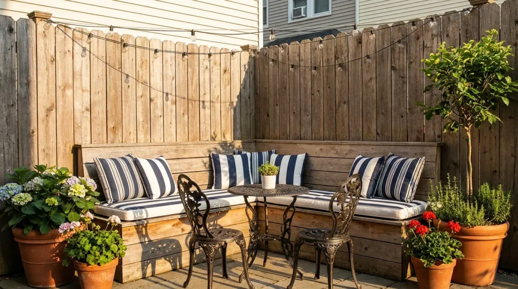 Built-in wooden perimeter bench with cushions on a small patio next to a round bistro table and string lights.